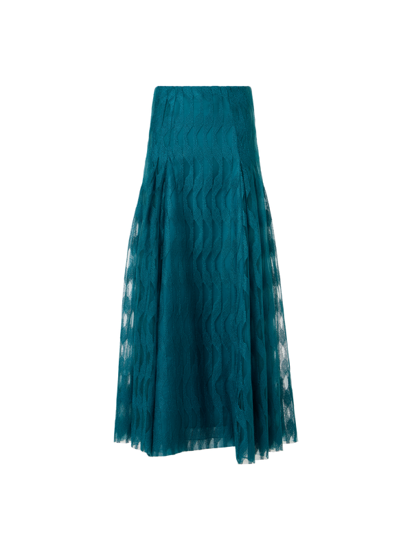 Designer Midi-Rock mit High Plains Stickerei auf Tüll - Blau