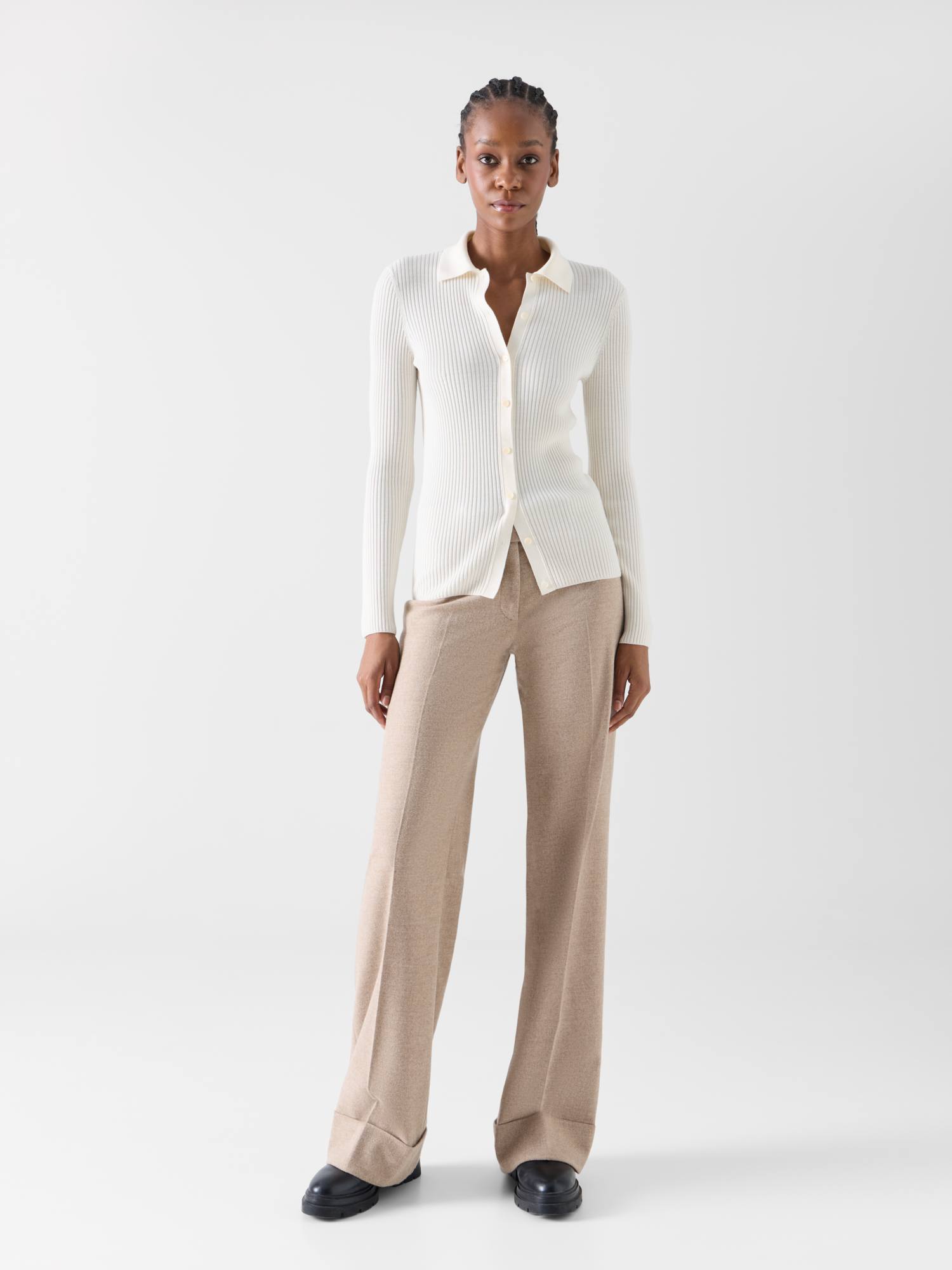 Designer Weite Flanellhose mit hohem Umschlag - Beige 