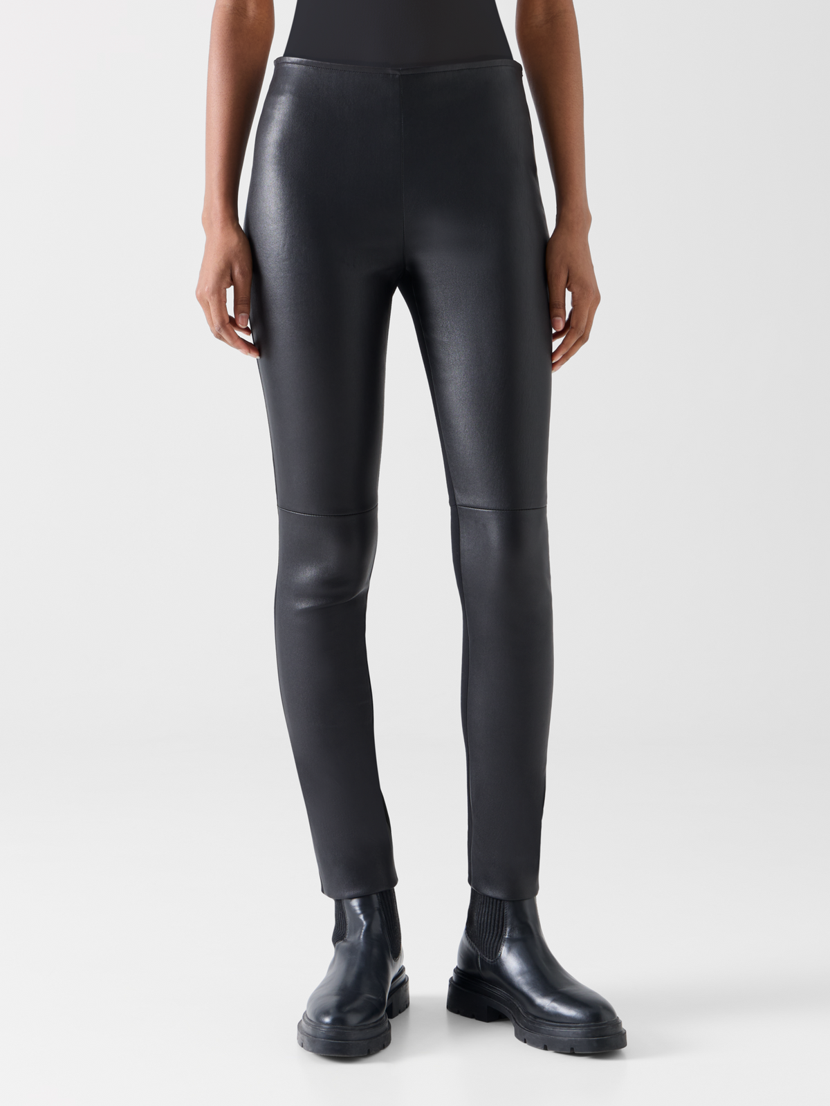 Designer Skinny Hose mit Nappaleder-Front und Jersey-Rücken - Schwarz 