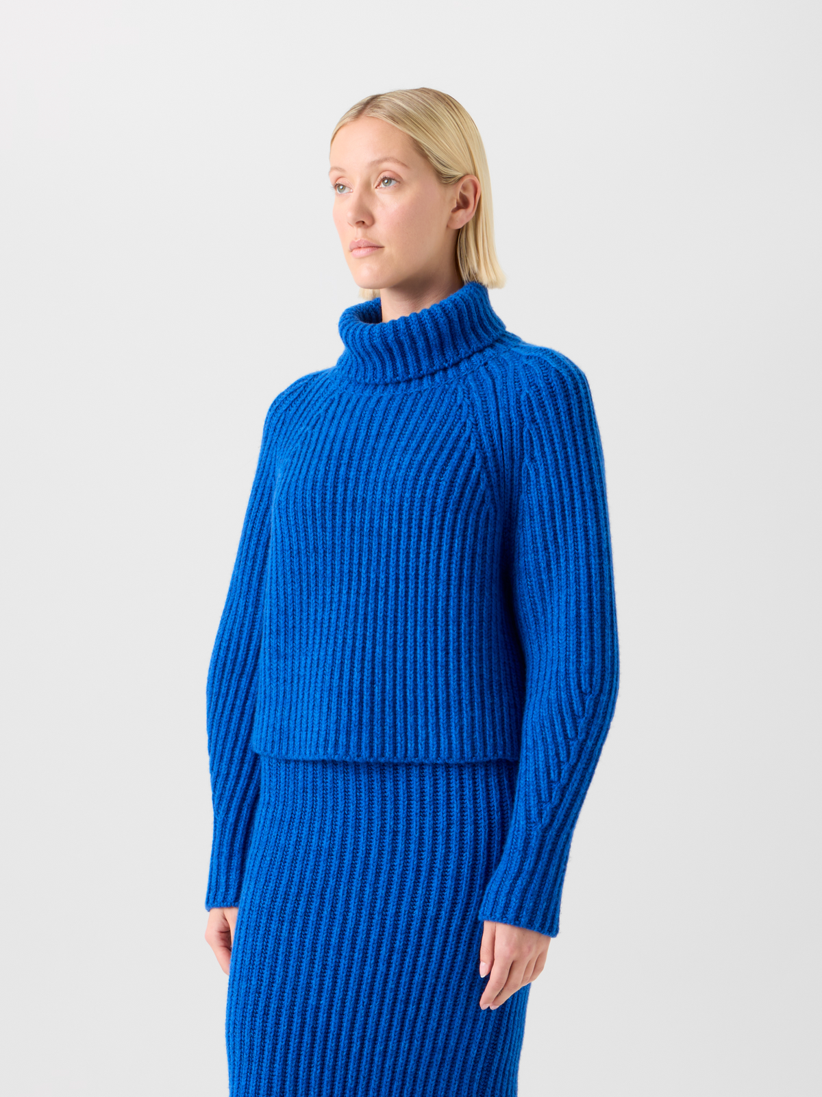 Designer Kurzer Kaschmir Rippen Rollkragen Pullover - Blau #editorial