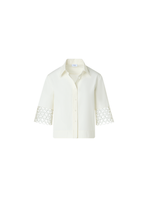 Designer Kastige Baumwollbluse mit Ösen-Guipure - Weiss