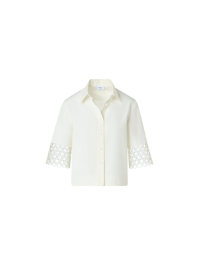 Designer Kastige Baumwollbluse mit Ösen-Guipure - Weiss