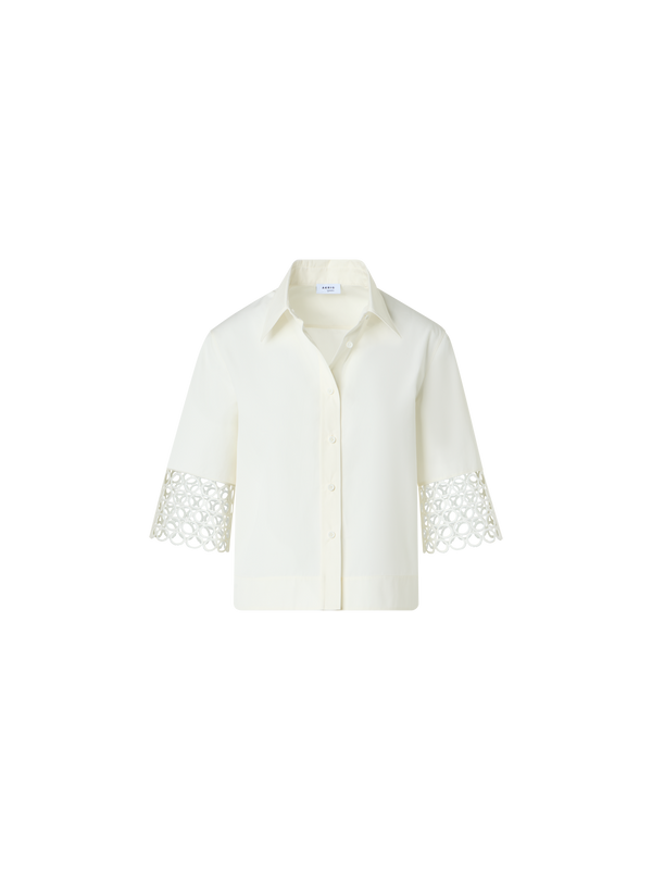 Designer Kastige Baumwollbluse mit Ösen-Guipure - Weiss