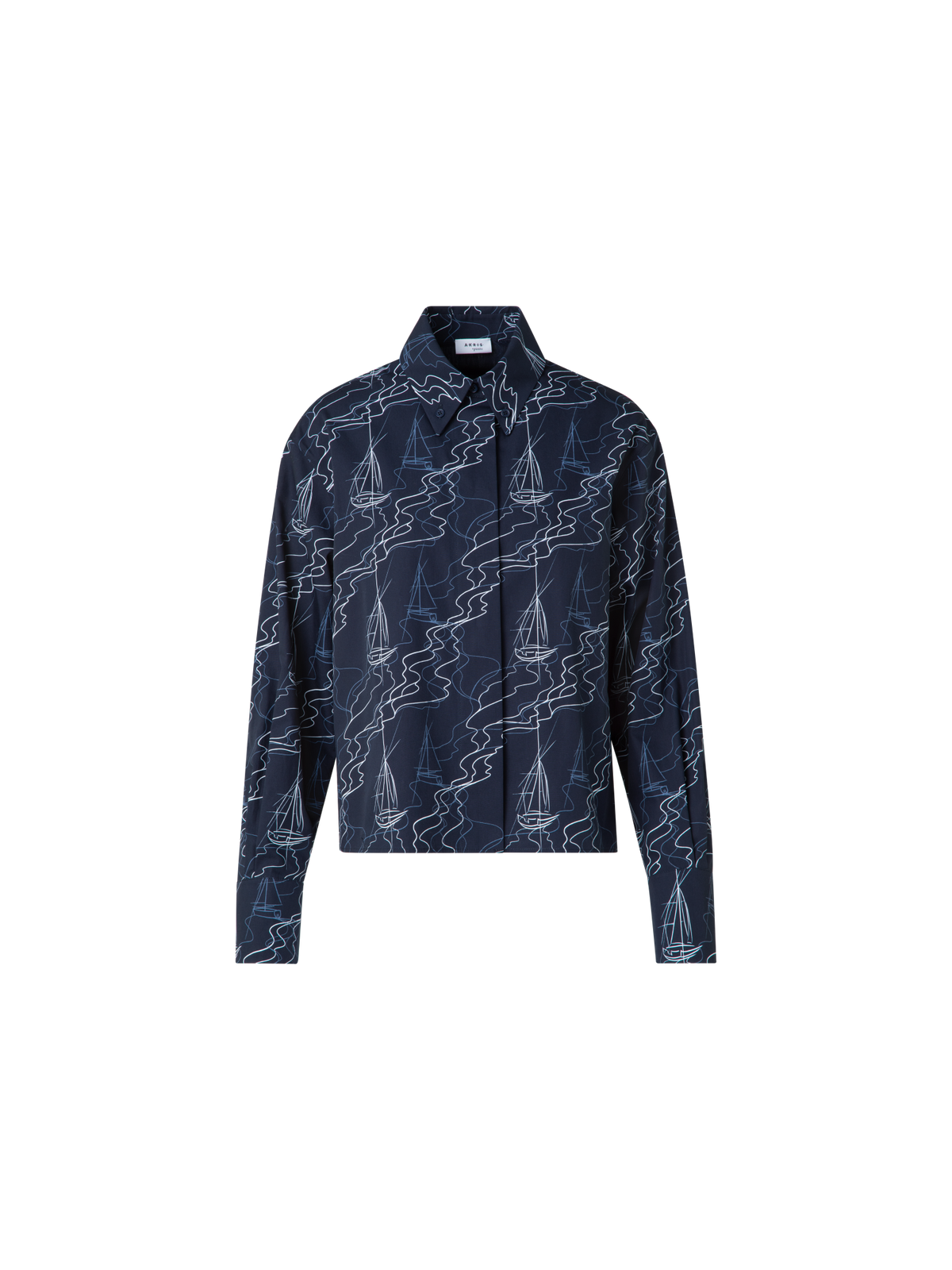 Designer Boxy Bluse in Baumwolle mit Sailboat Druck - Dunkelblau - Blau - Bunt