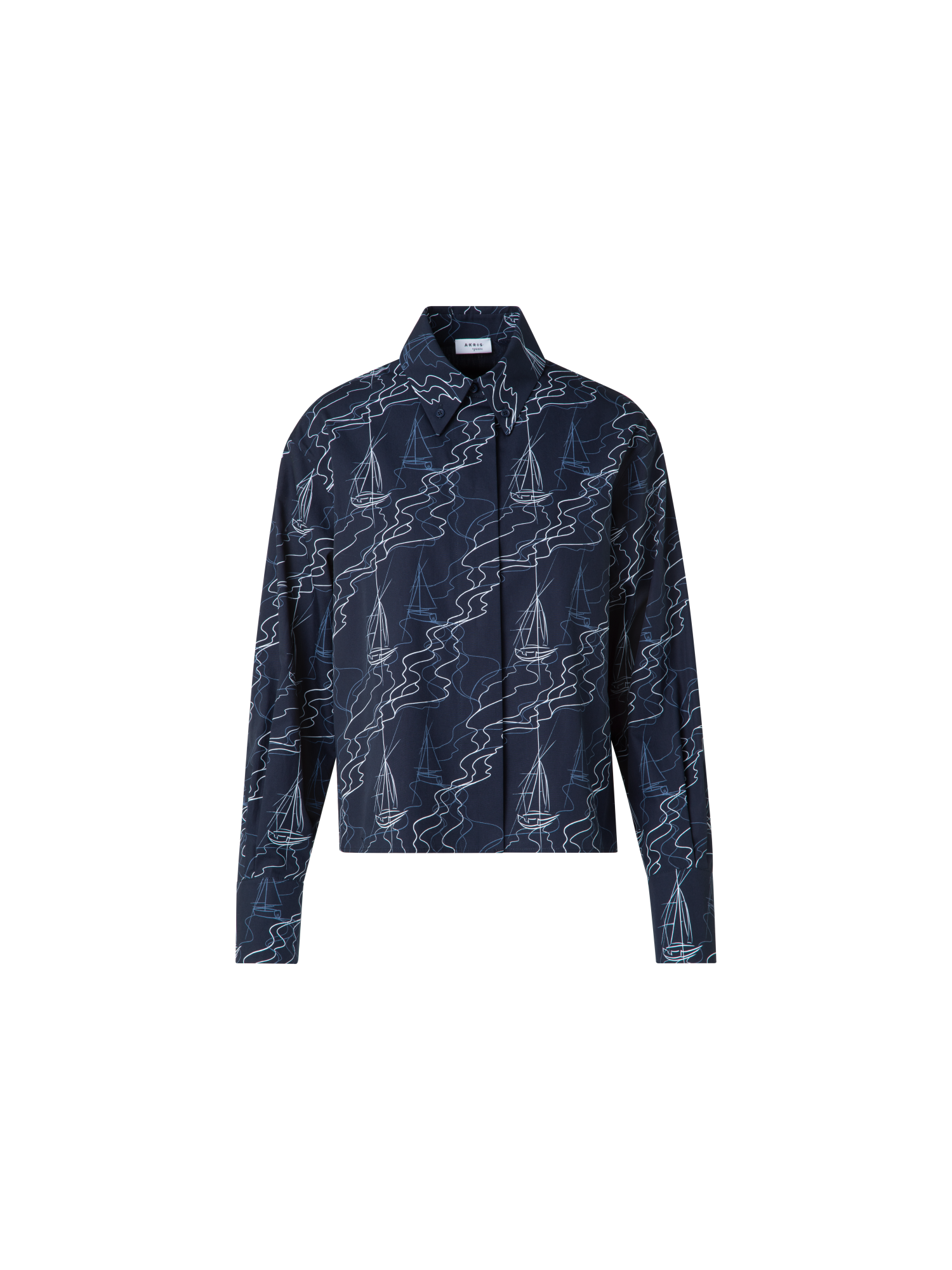 Designer Boxy Bluse in Baumwolle mit Sailboat Druck - Dunkelblau - Blau - Bunt