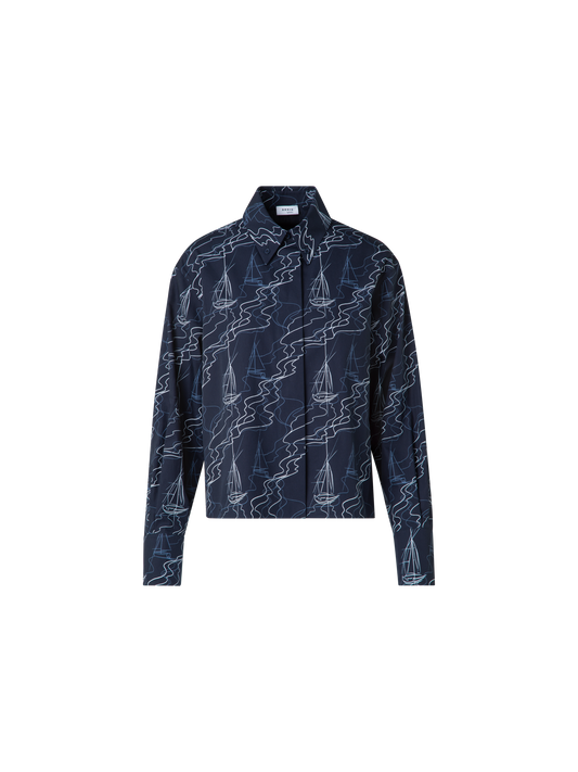 Designer Boxy Bluse in Baumwolle mit Sailboat Druck - Dunkelblau - Blau - Bunt