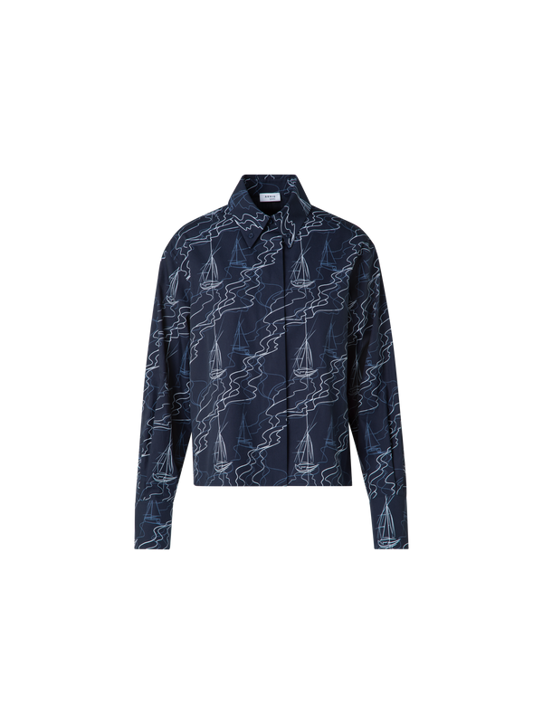 Designer Boxy Bluse in Baumwolle mit Sailboat Druck - Dunkelblau - Blau - Bunt