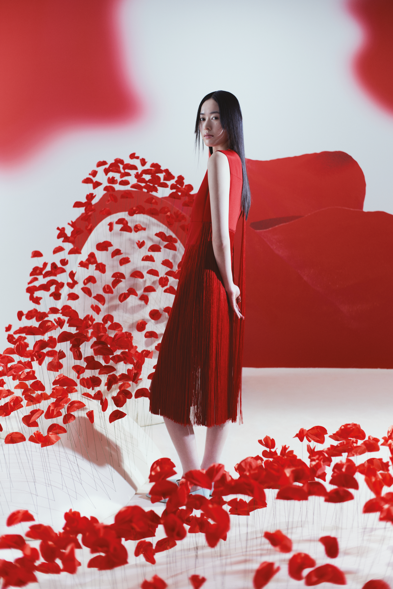 Designer Ärmelloses Seidenkleid mit Fransen - Rot 