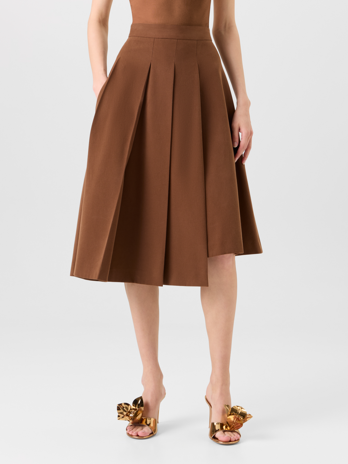 Designer Midirock aus Baumwoll-Woll-Gabardine mit Seitenfalten - Braun 