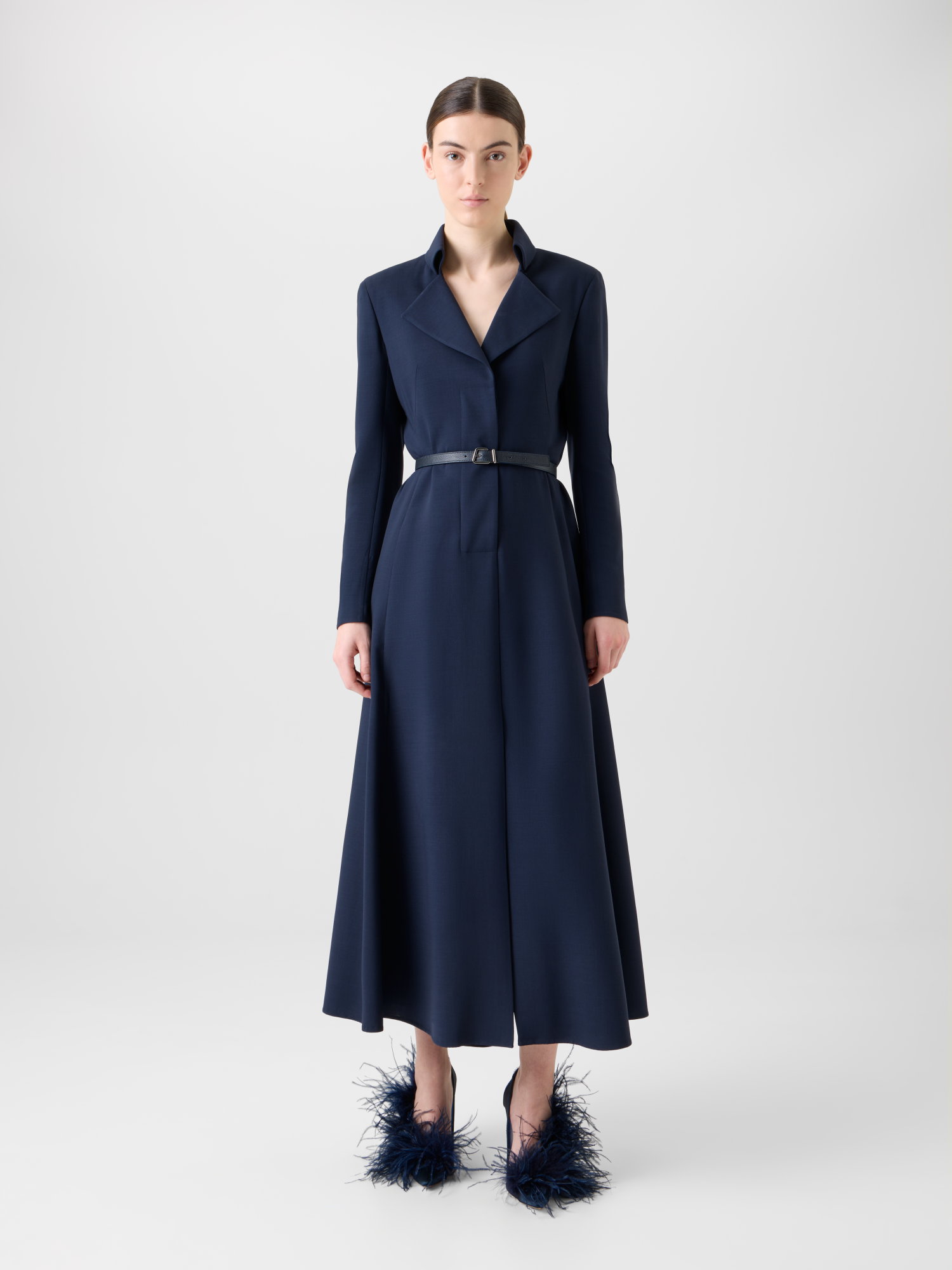 Designer Woll Doubleface Midi Hemd-Kleid mit Gürtel - Dunkelblau - Blau 