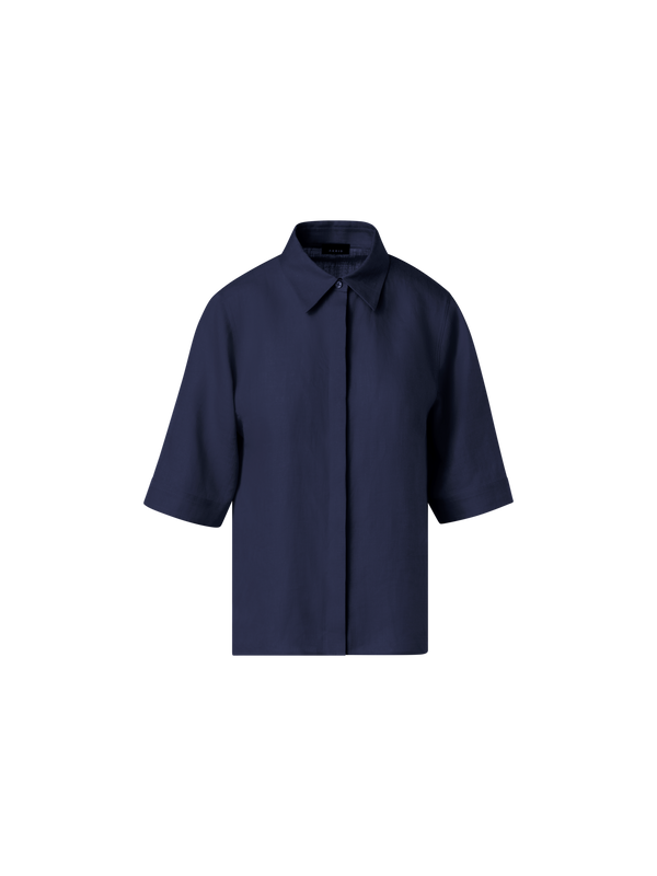 Designer Boxy-Hemdbluse aus Leinen-Voile - Dunkelblau - Blau
