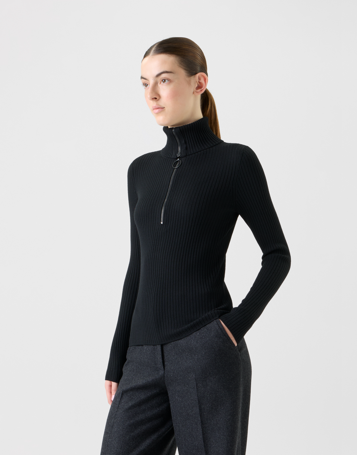 Designer Matrosen Kragen Merino Rippenstrick Pullover - Schwarz #editorial