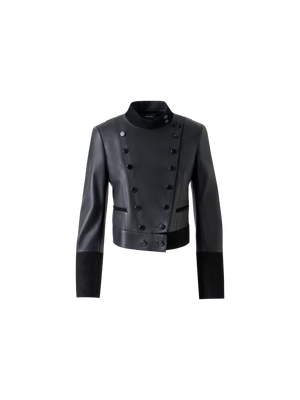 Designer Kurze Taillierte Leder Doppelreiher Jacke - Schwarz