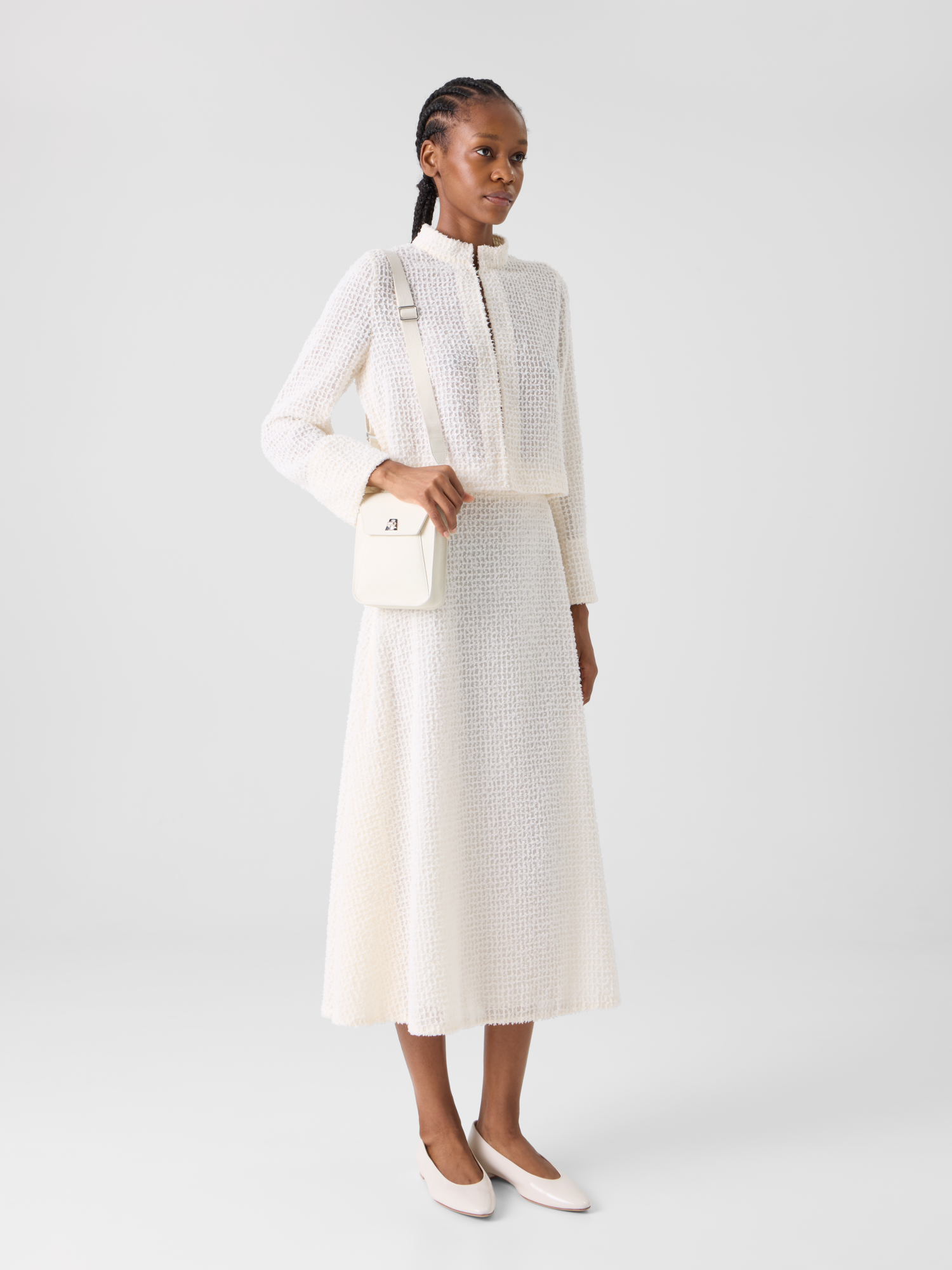 Designer Ausgestellter Midirock aus Fransen-Gitter - Ecru