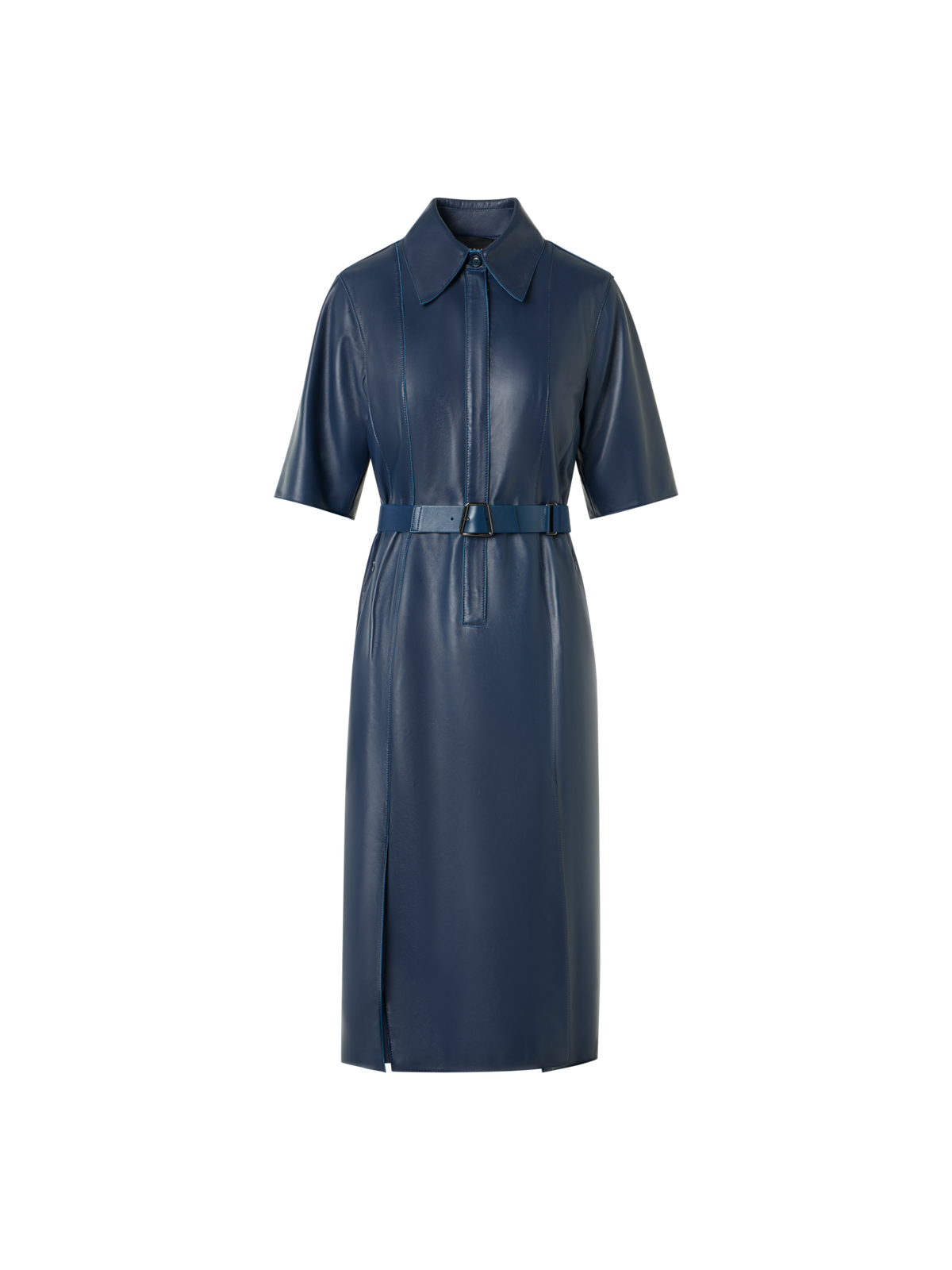 Designer Kurzarm-Hemdkleid aus Leder - Blau