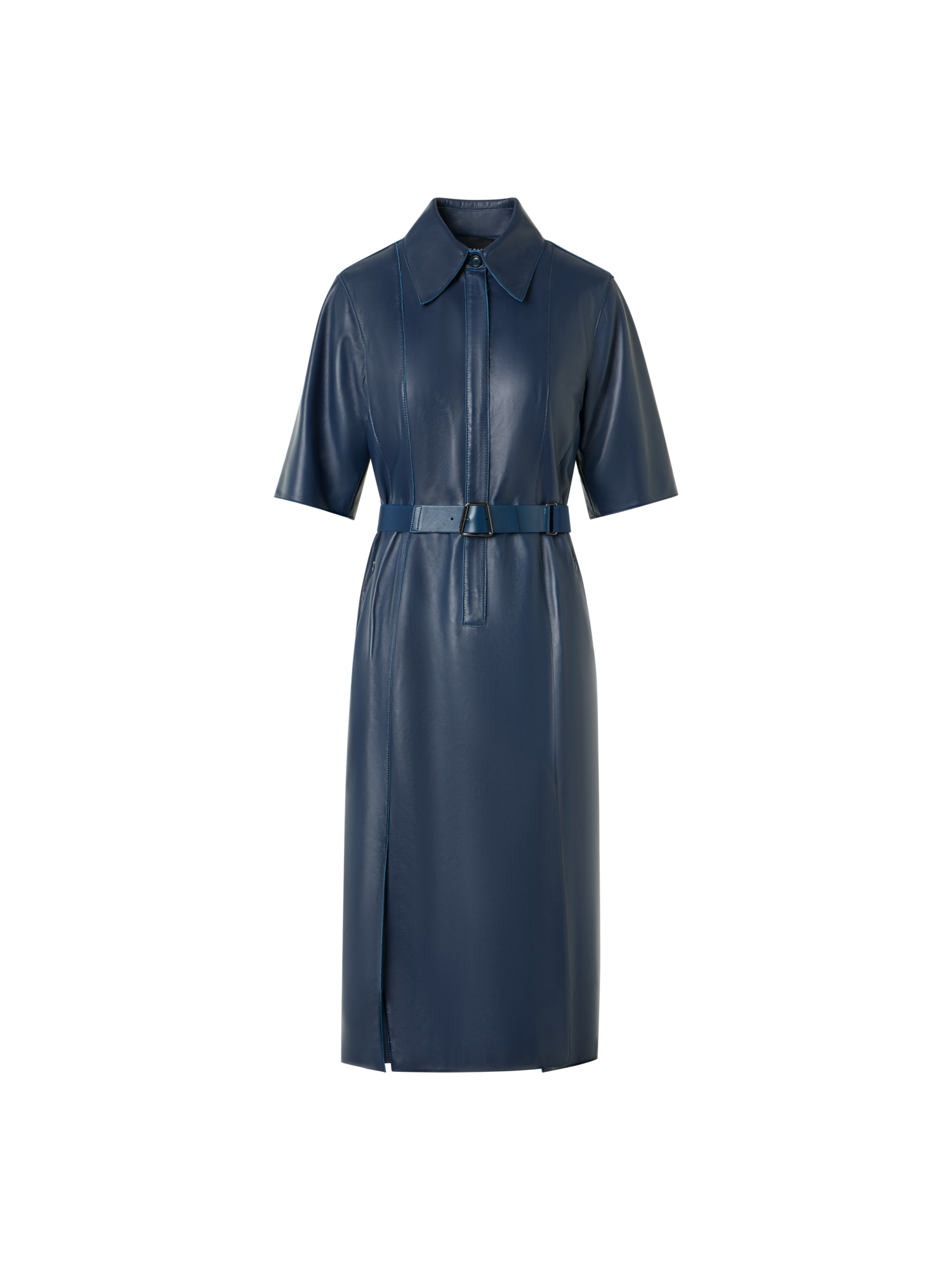 Designer Kurzarm-Hemdkleid aus Leder - Blau