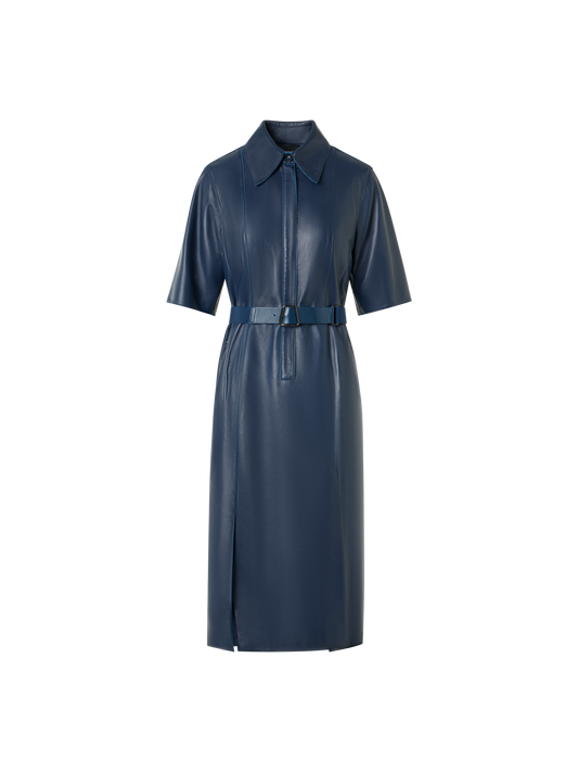 Designer Kurzarm-Hemdkleid aus Leder - Blau