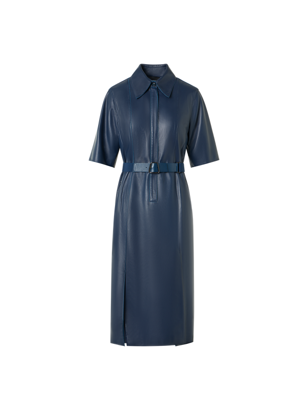 Designer Kurzarm-Hemdkleid aus Leder - Blau