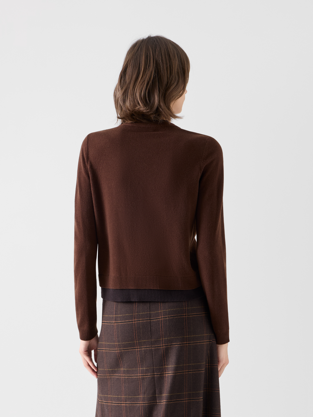 Designer Wolle-Kaschmir Cardigan mit Trompe-l'Oeil V-Einsatz - Braun 