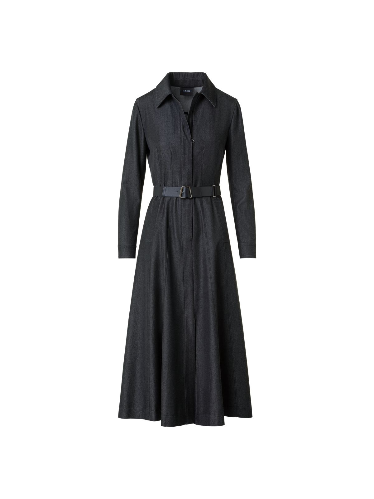 Designer Stretch Cotton Denim Midi Hemd-Kleid mit Gürtel - Grau