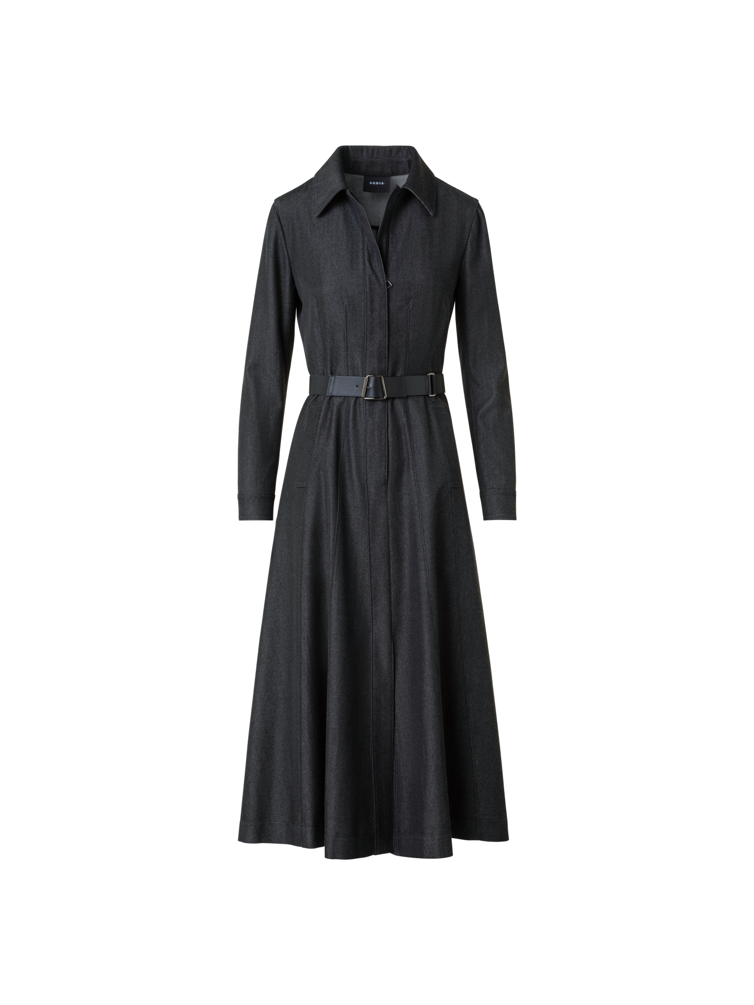 Designer Stretch Cotton Denim Midi Hemd-Kleid mit Gürtel - Grau