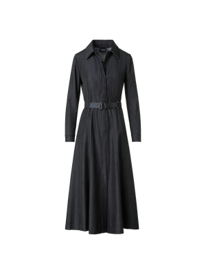 Designer Stretch Cotton Denim Midi Hemd-Kleid mit Gürtel - Grau
