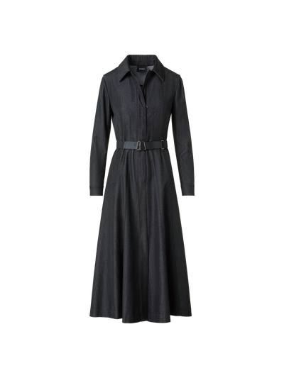 Designer Stretch Cotton Denim Midi Hemd-Kleid mit Gürtel - Grau