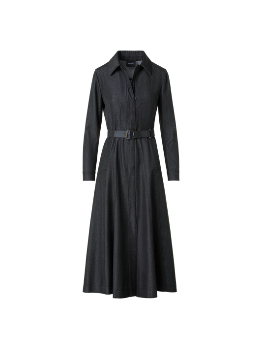 Designer Stretch Cotton Denim Midi Hemd-Kleid mit Gürtel - Grau