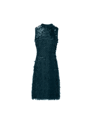 Designer Ärmelloses Etuikleid in Layered Organza Tiles - Grün