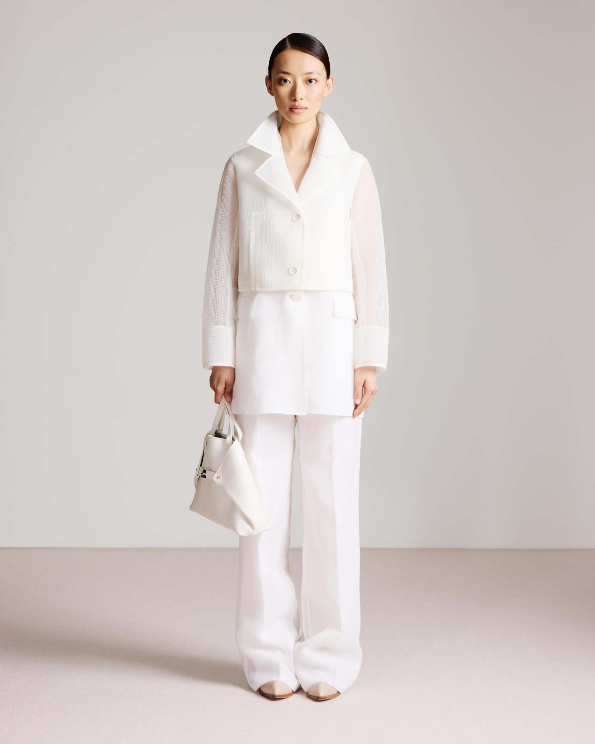 Designer Langes Transparentes Organza-Gilet aus Seide - Ecru - Weiss #editorial