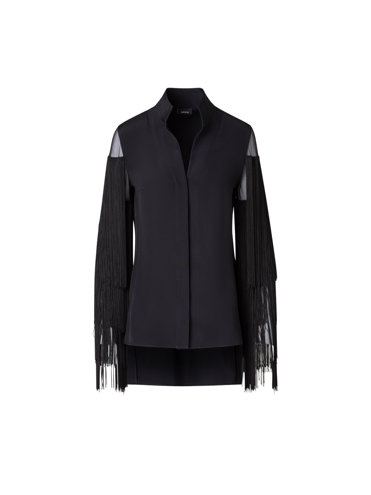 Designer Seiden-Tunikabluse mit Fransenärmeln - Schwarz