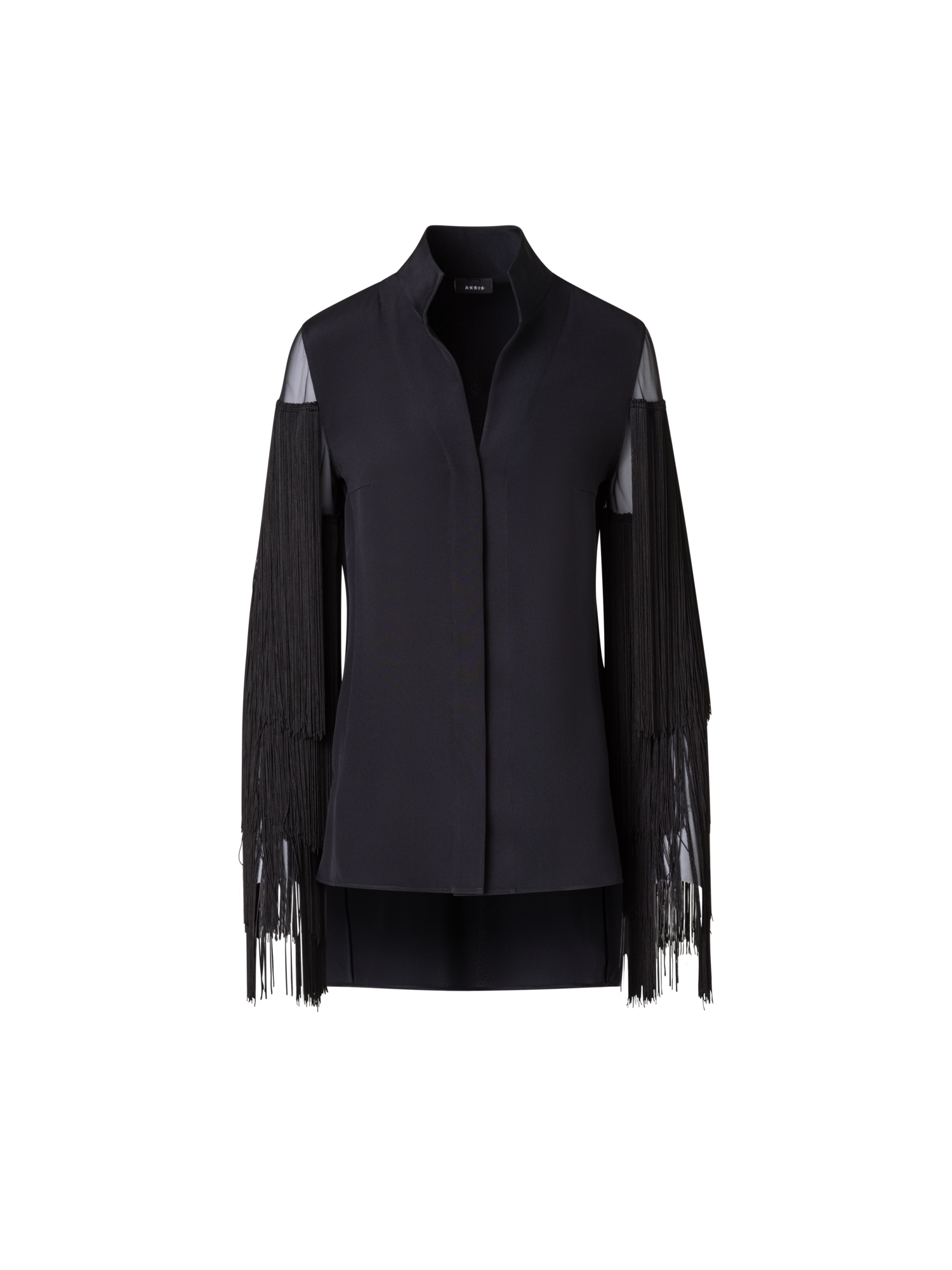 Designer Seiden-Tunikabluse mit Fransenärmeln - Schwarz