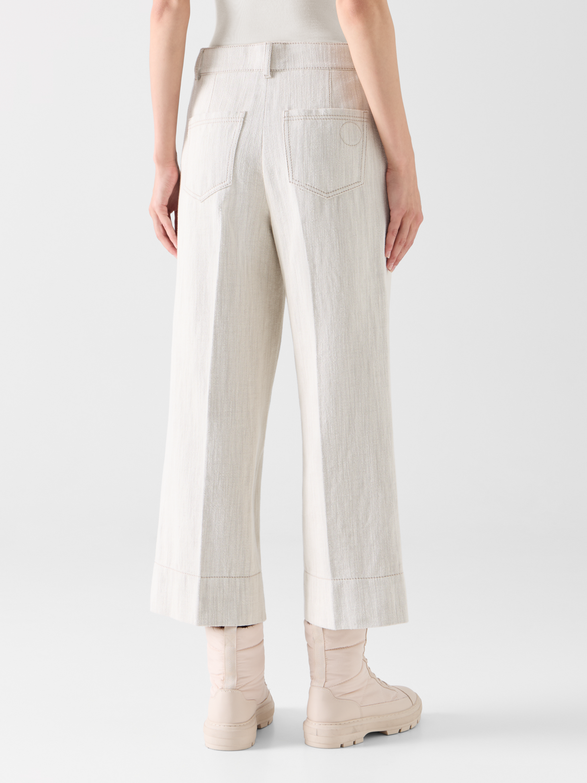 Designer Verkürzte weite Denim-Hose mit hohem Bund - Ecru 