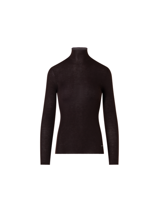 Designer Feinripp-Pullover aus Kaschmirseide mit Stehkragen - Braun