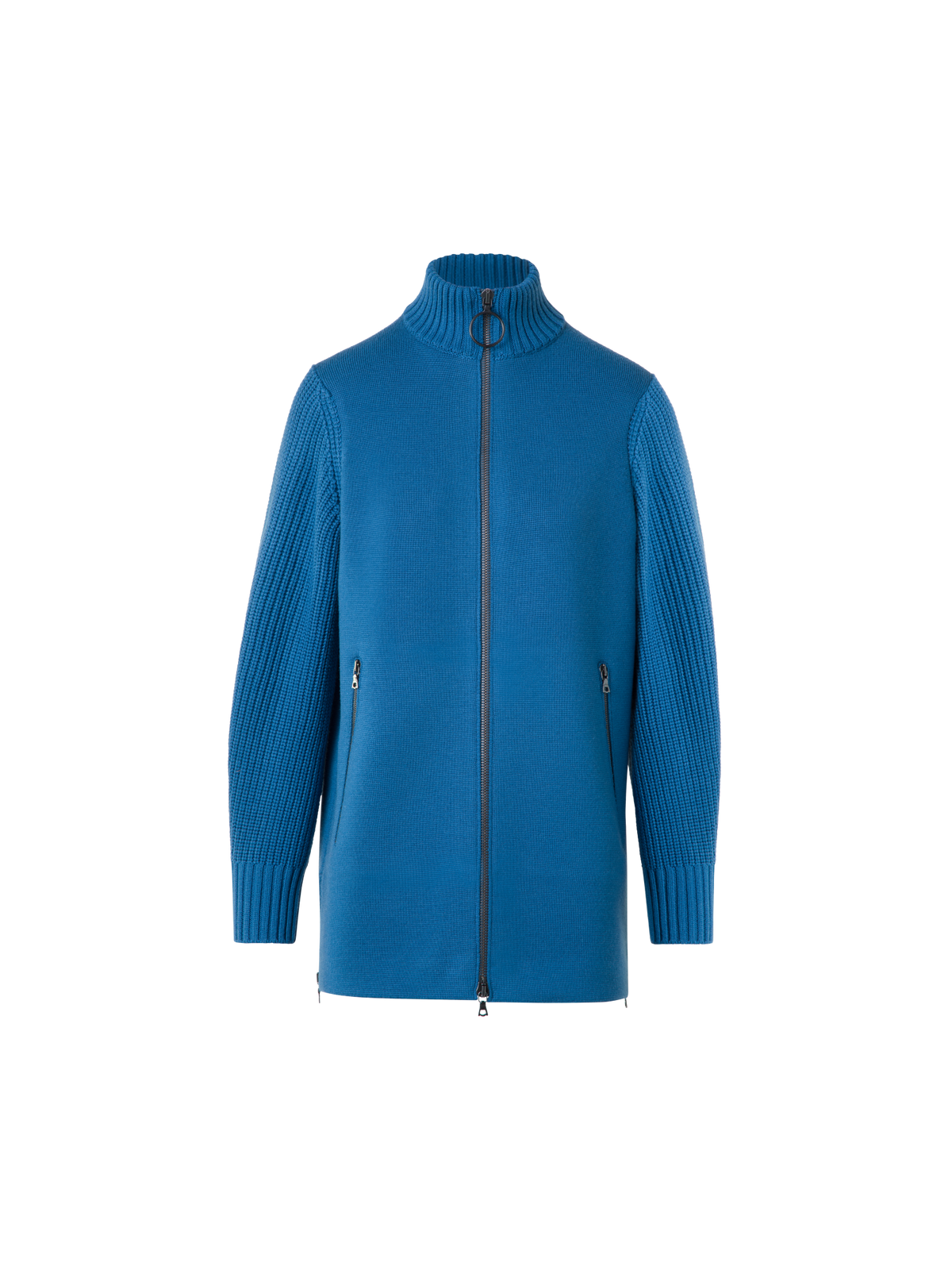 Designer Langer Merino-Cardigan mit Chunky-Strickärmel - Blau