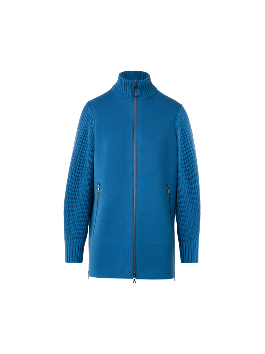 Designer Langer Merino-Cardigan mit Chunky-Strickärmel - Blau