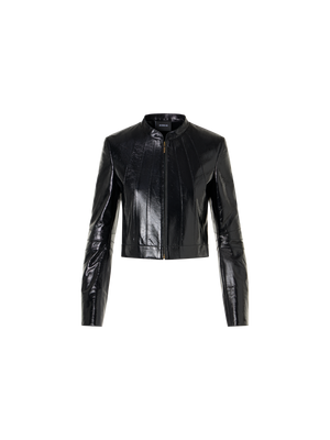 Designer Kurze taillierte Jacke aus lackiertem Nappaleder - Schwarz