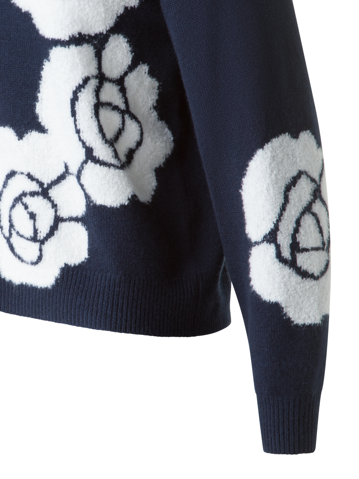 Designer Kaschmir-Seiden-Pullover mit Anemone Intarsie - Dunkelblau - Blau - Bunt