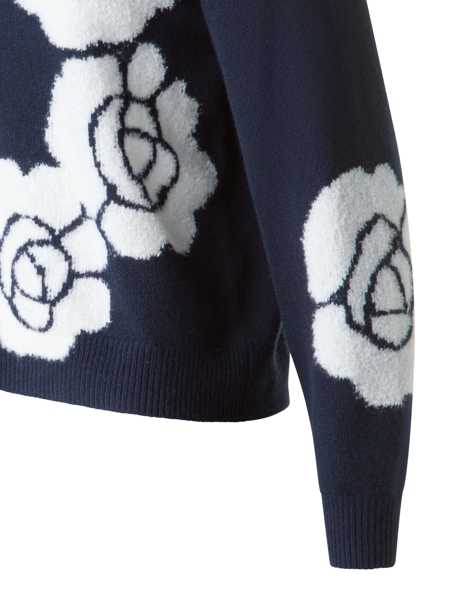 Designer Kaschmir-Seiden-Pullover mit Anemone Intarsie - Dunkelblau - Blau - Bunt