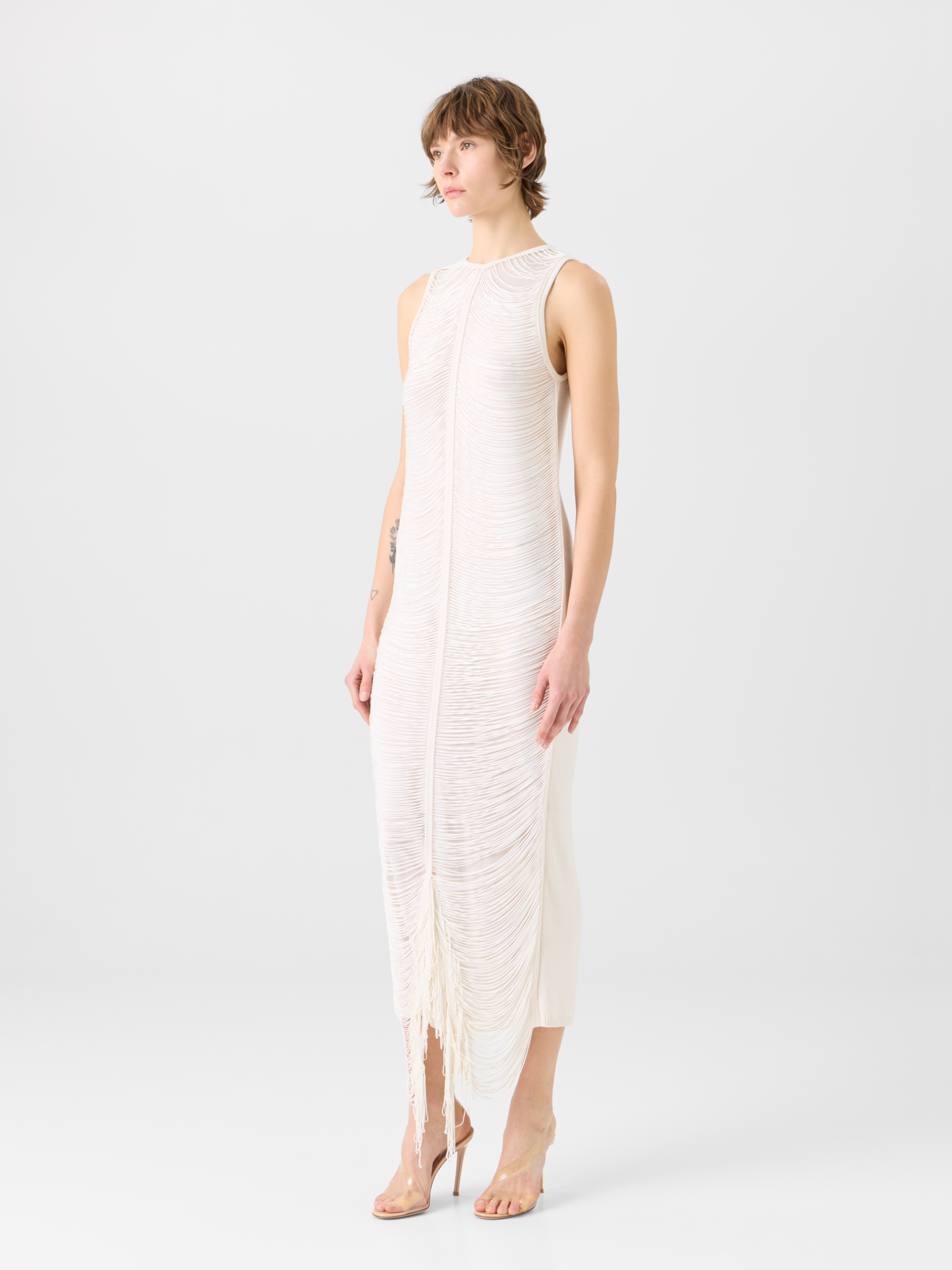 Designer Ärmelloses Maxi-Strickkleid aus Seide mit Fransendrapierung - Ecru 