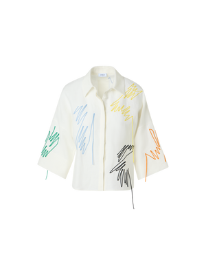 Designer Cropped Leinenbluse mit Scribble-Applikation - Weiss