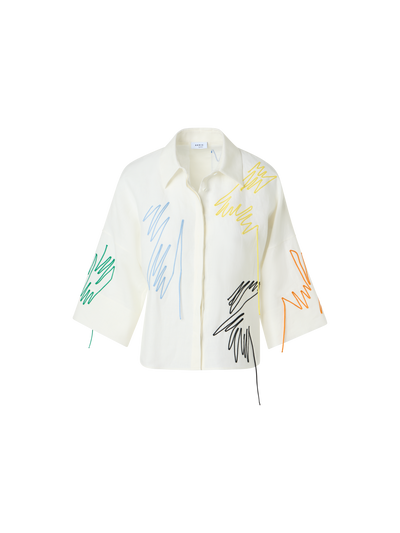 Designer Cropped Leinenbluse mit Scribble-Applikation - Weiss