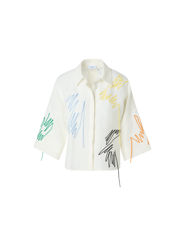 Designer Cropped Leinenbluse mit Scribble-Applikation - Weiss