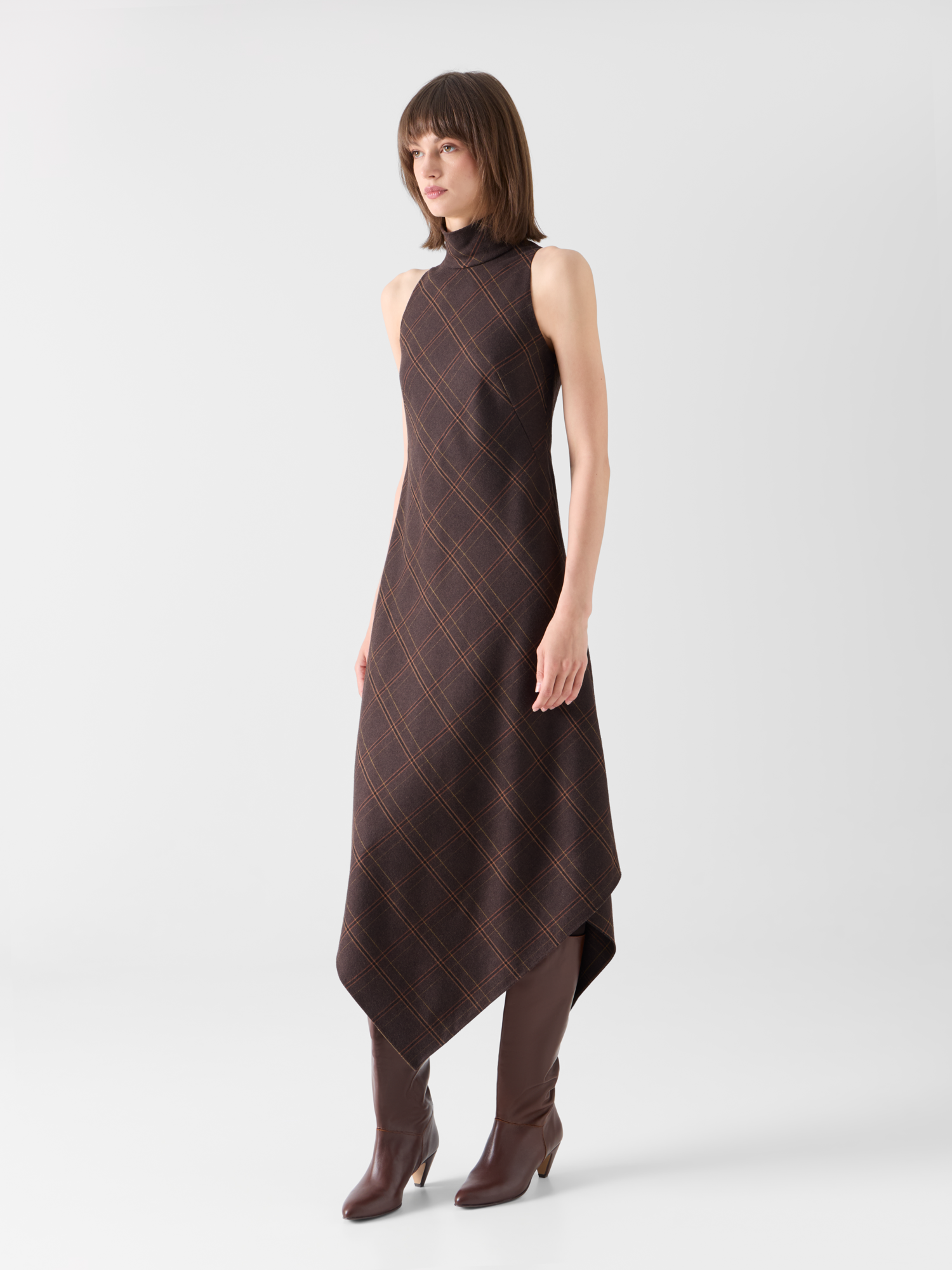 Designer Neckholder-Midikleid aus kariertem Flanell - Braun 