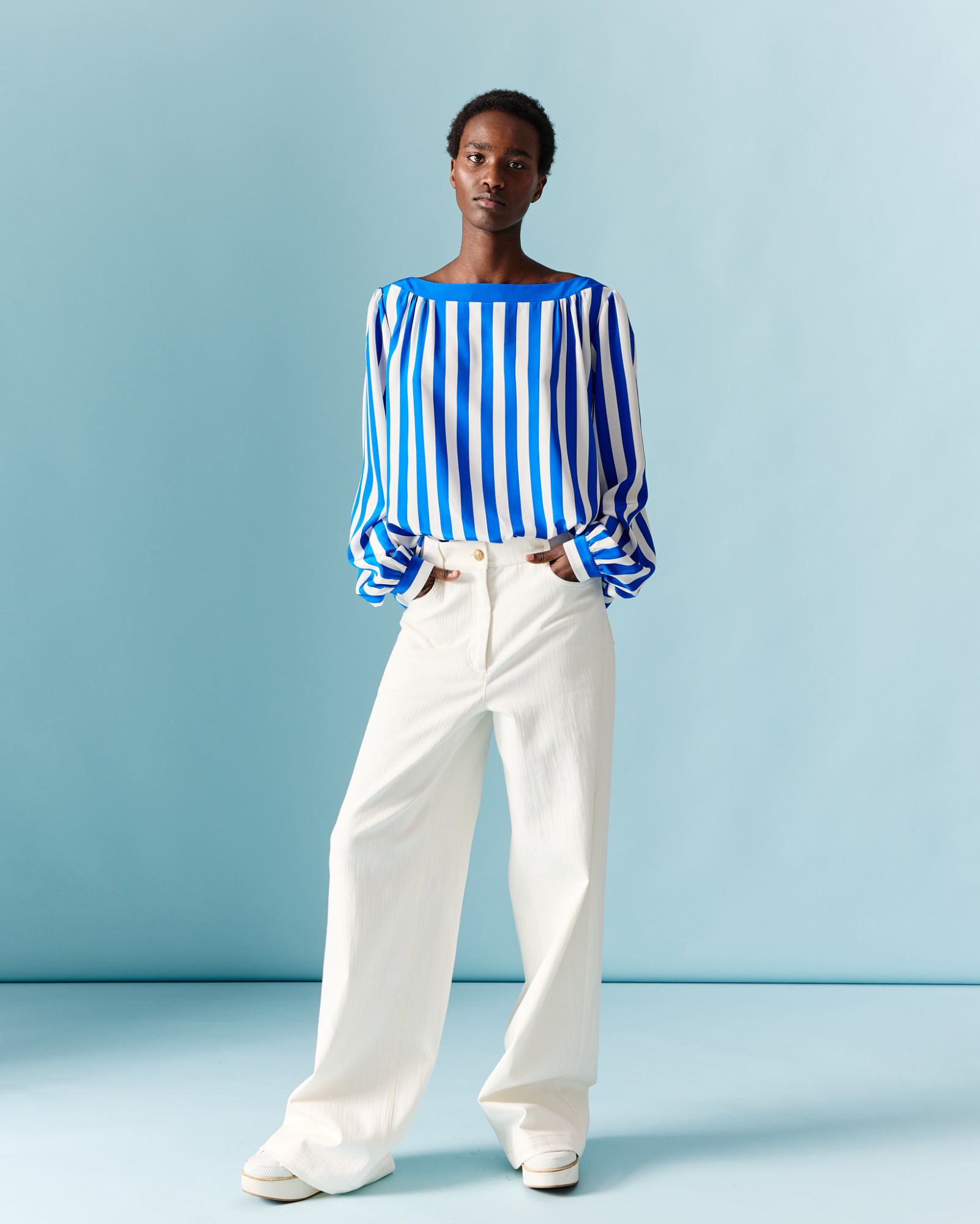 Designer Weite Hose aus Baumwoll-Denim-Stretch - Ecru - Weiss 