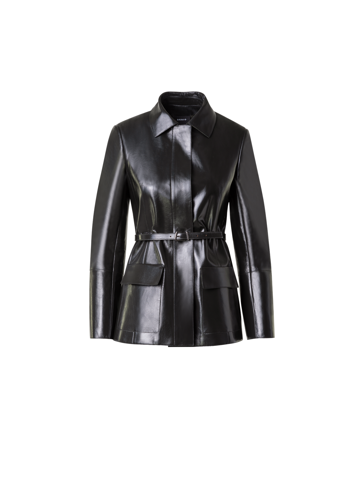 Designer Fitted Lacquer Leather Jacket with Belt - Grün