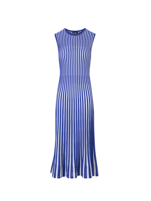 Designer Zweifarbiges Rippstrick-Kleid mit transparenten Schultern - Blau