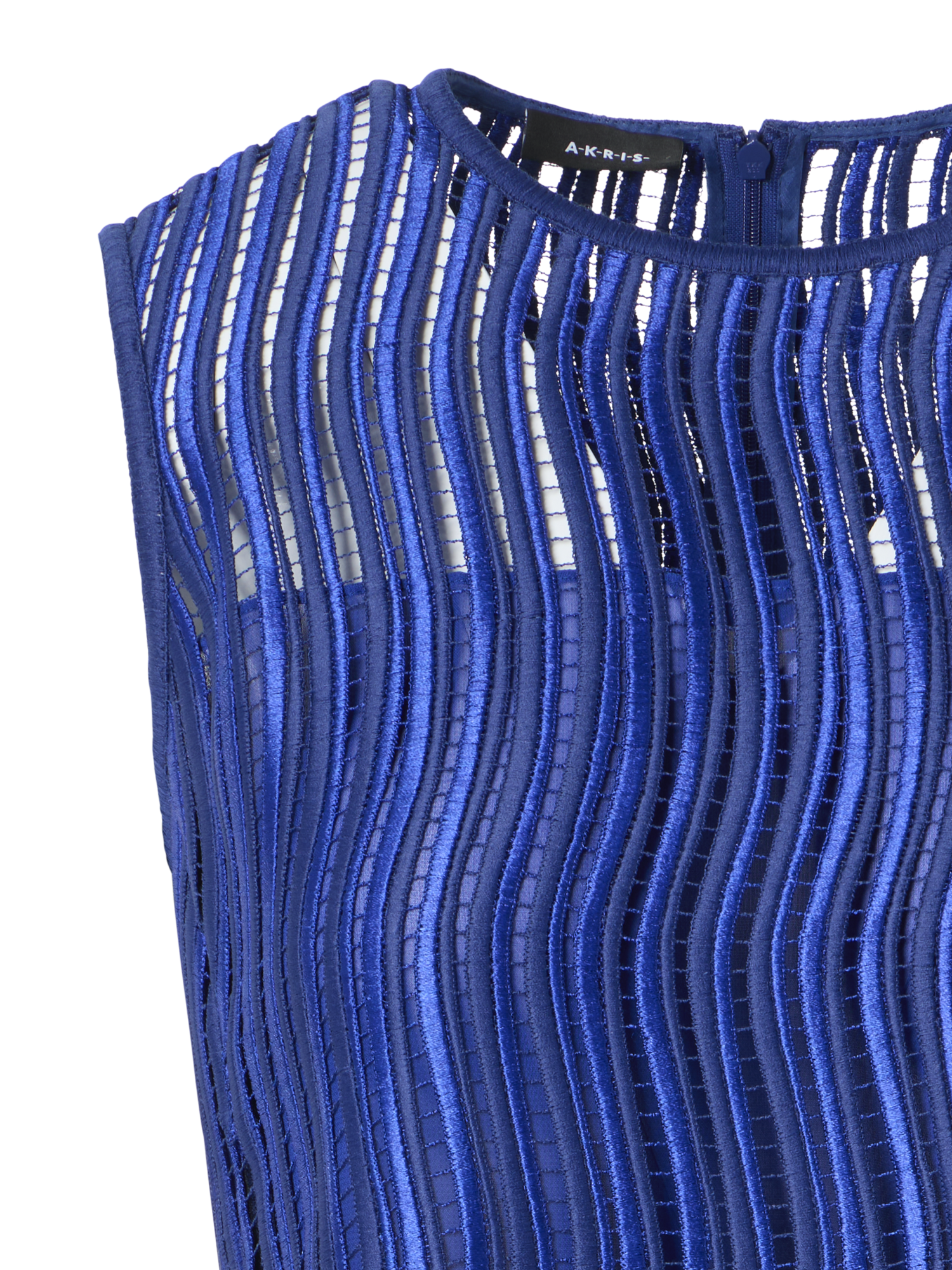 Designer Ärmellose Bluse aus Wave-Guipure - Blau