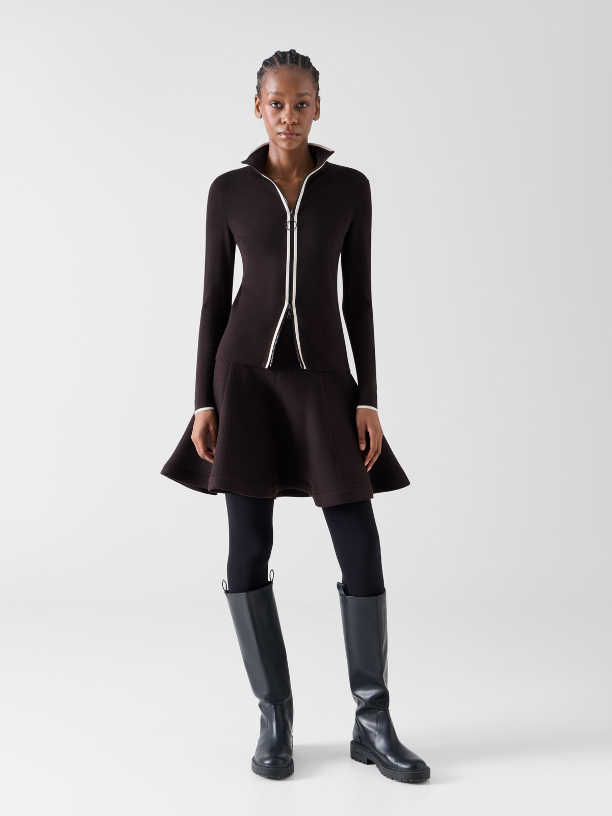 Designer Taillierter Zipp-Cardigan mit Kontrastpaspel - Braun 