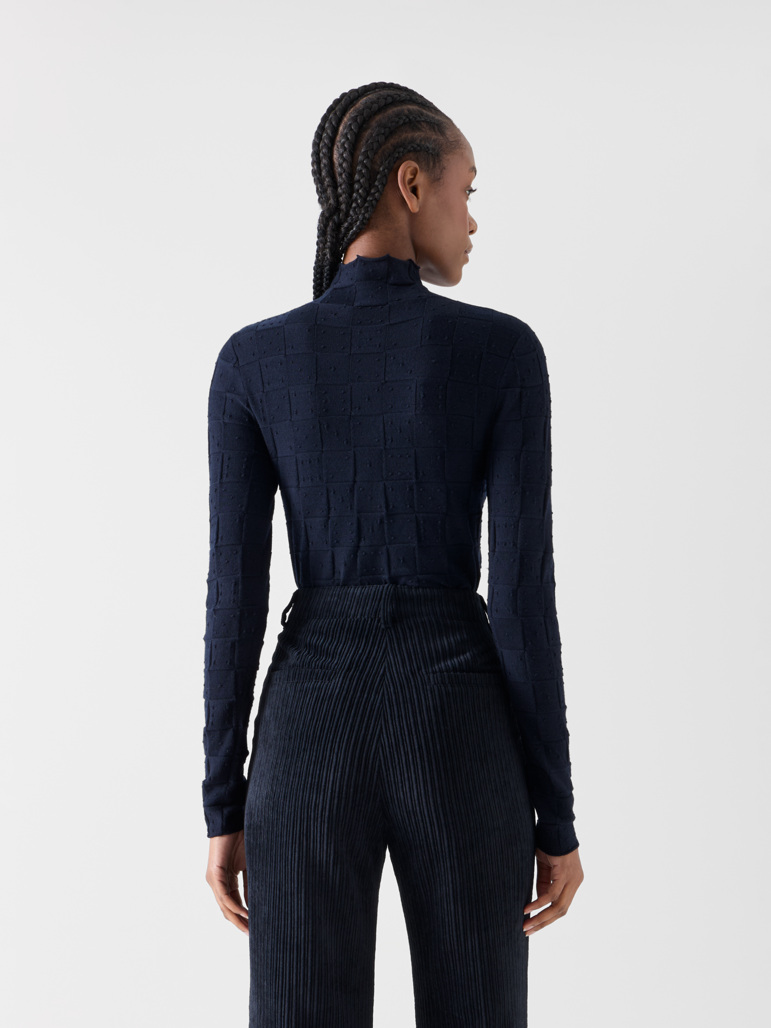 Designer Taillierter Wollpullover mit 3D Dice Strick - Dunkelblau 